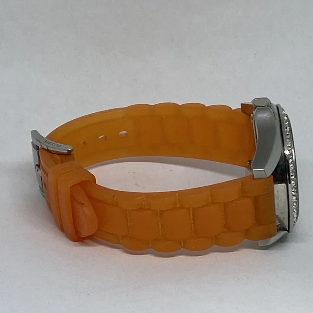Fossil ES3202 Women Orange Rubber Analog Silver Dial Quartz Genuine Watch HK1018